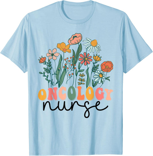 Groovy Wildflower Oncology Nurse T-Shirt - T-Shirt | Light Blue