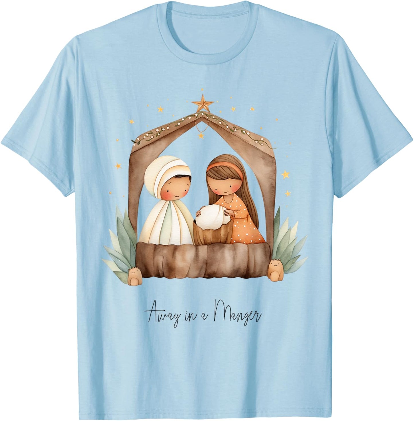 Boho Nativity Scene Away in a Manger Christmas T-Shirt - T-Shirt | Light Blue