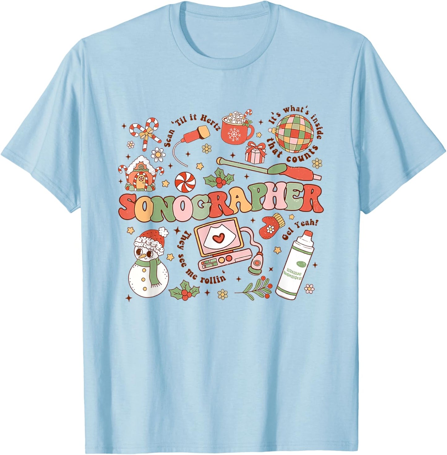 Women Retro Christmas Sonographer Ultrasound Technologist T-Shirt - T-Shirt | Light Blue