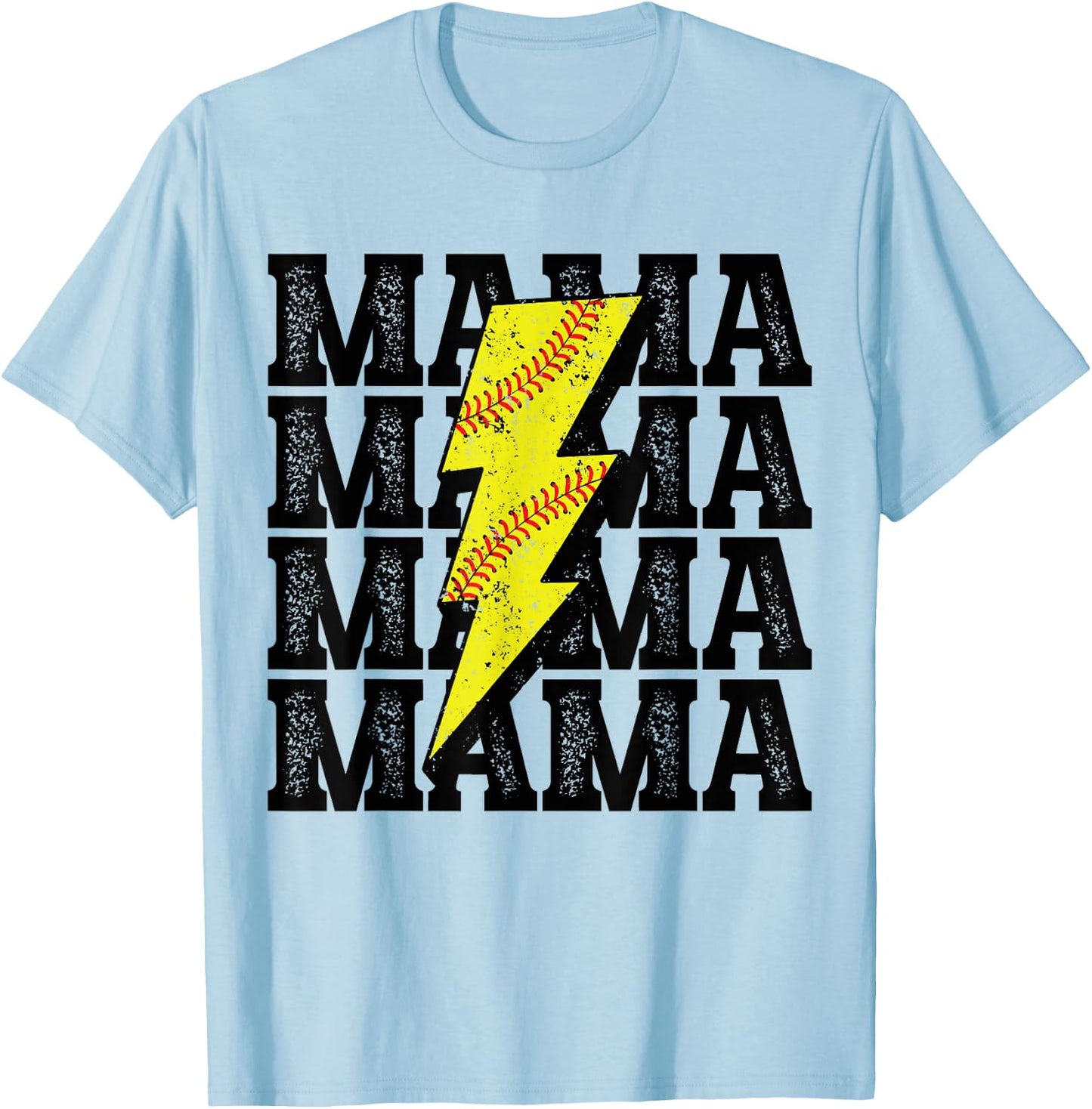 Vintage Softball Mama Distressed Lightning Bolt Mom T-Shirt - T-Shirt | Light Blue
