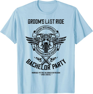 Groom's Last Ride, Retro Motorcycle Bachelor Party 2/2 Squad T-Shirt - T-Shirt | Light Blue