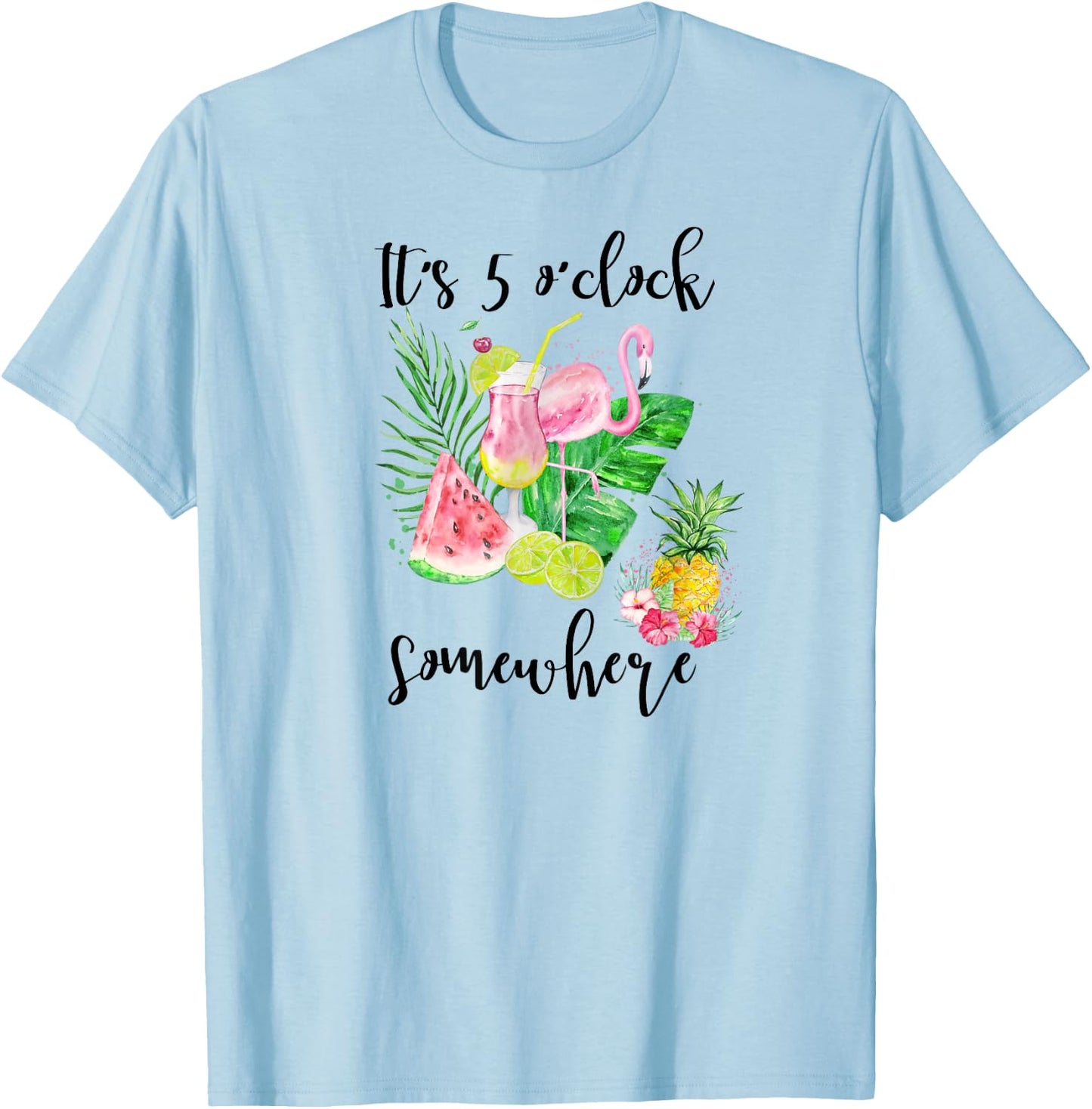 It's 5 Oclock Somewhere Funny Flamingo Drinking a Margarita T-Shirt - T-Shirt | Light Blue