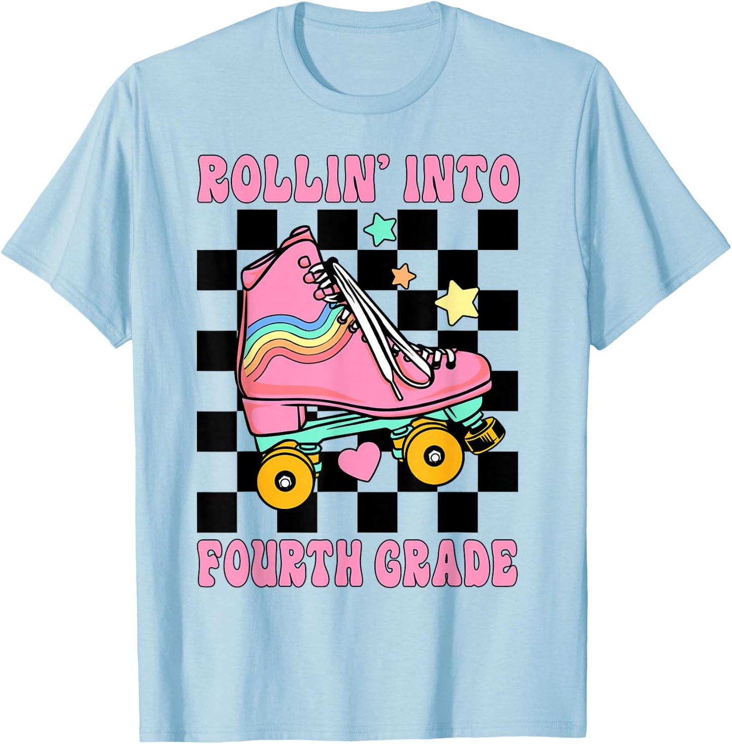 Rolling Into Fourth Grade Retro Roller Skates Back To School T-Shirt - T-Shirt | Light Blue