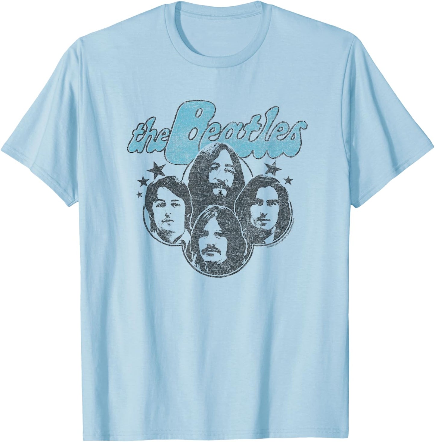 The Beatles - Groovy Blue Logo with Band Member Faces T-Shirt - T-Shirt | Light Blue