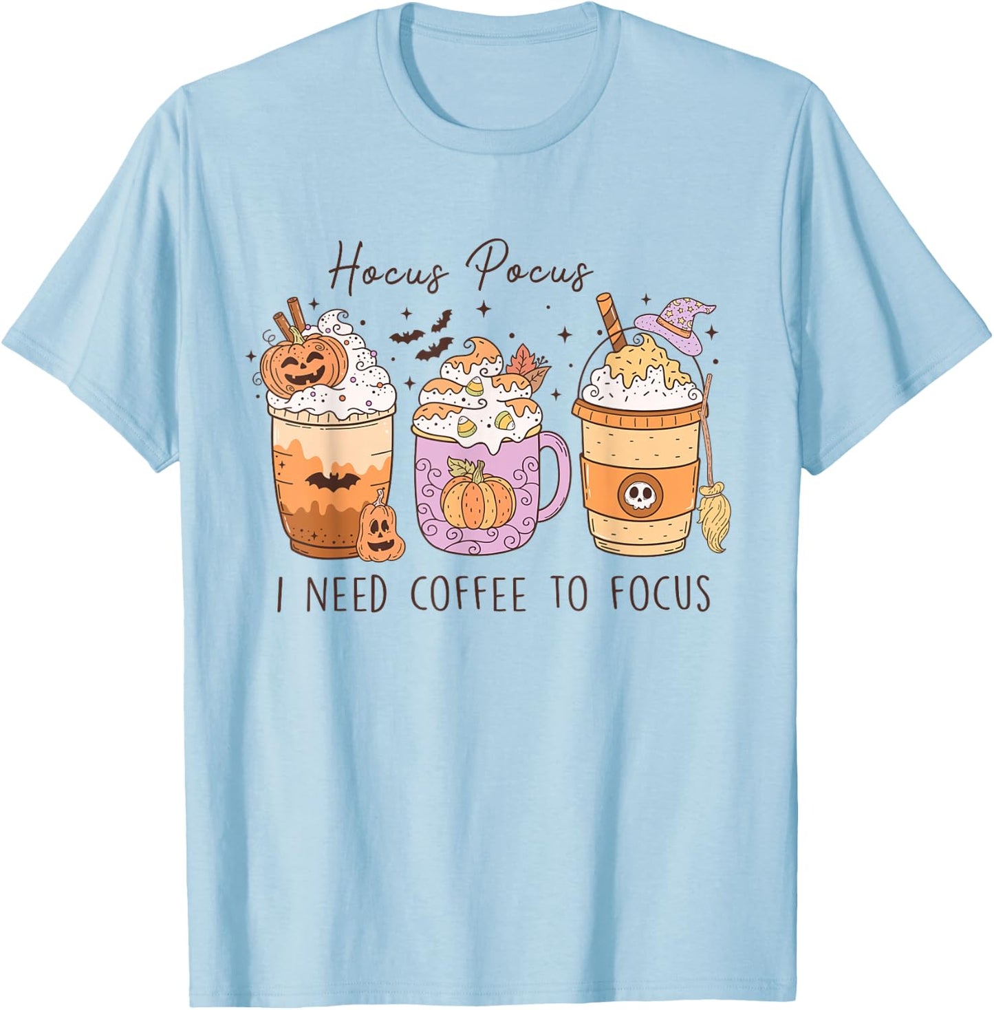 Hocus Pocus I Need Coffee To Focus Vintage Halloween T-Shirt - T-Shirt | Light Blue