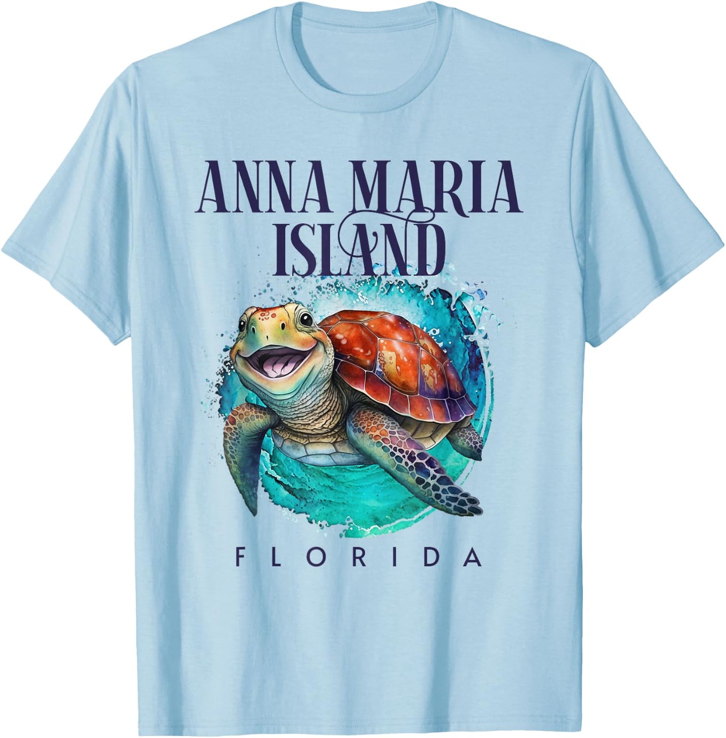 Anna Maria Island Florida Watercolor Happy Sea Turtle T-Shirt - T-Shirt | Light Blue