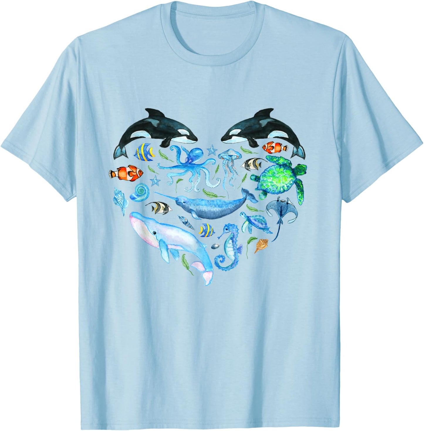 Watercolor Sea Animals Kids Ocean Wildlife Marine Creatures T-Shirt - T-Shirt | Light Blue