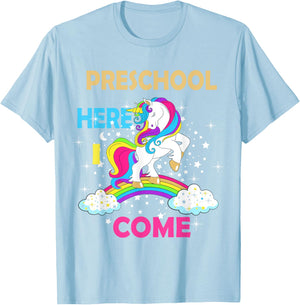 Look Out Preschool Here I Come Girl Unicorn Pre School T-Shirt - T-Shirt | Light Blue