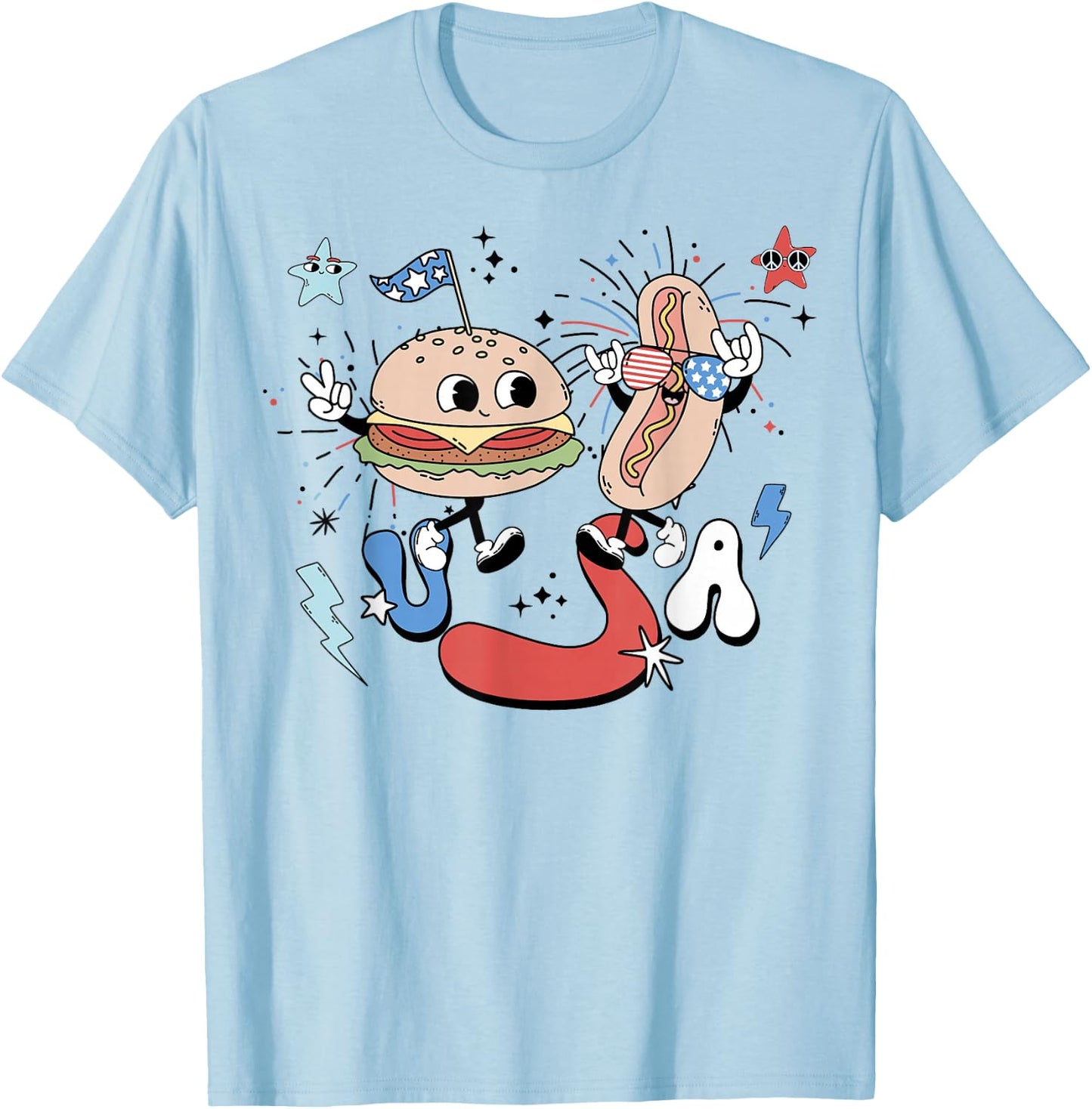 Retro USA Groovy 4th Of July Funny Hot Dog Hamburger US Flag T-Shirt - T-Shirt | Light Blue