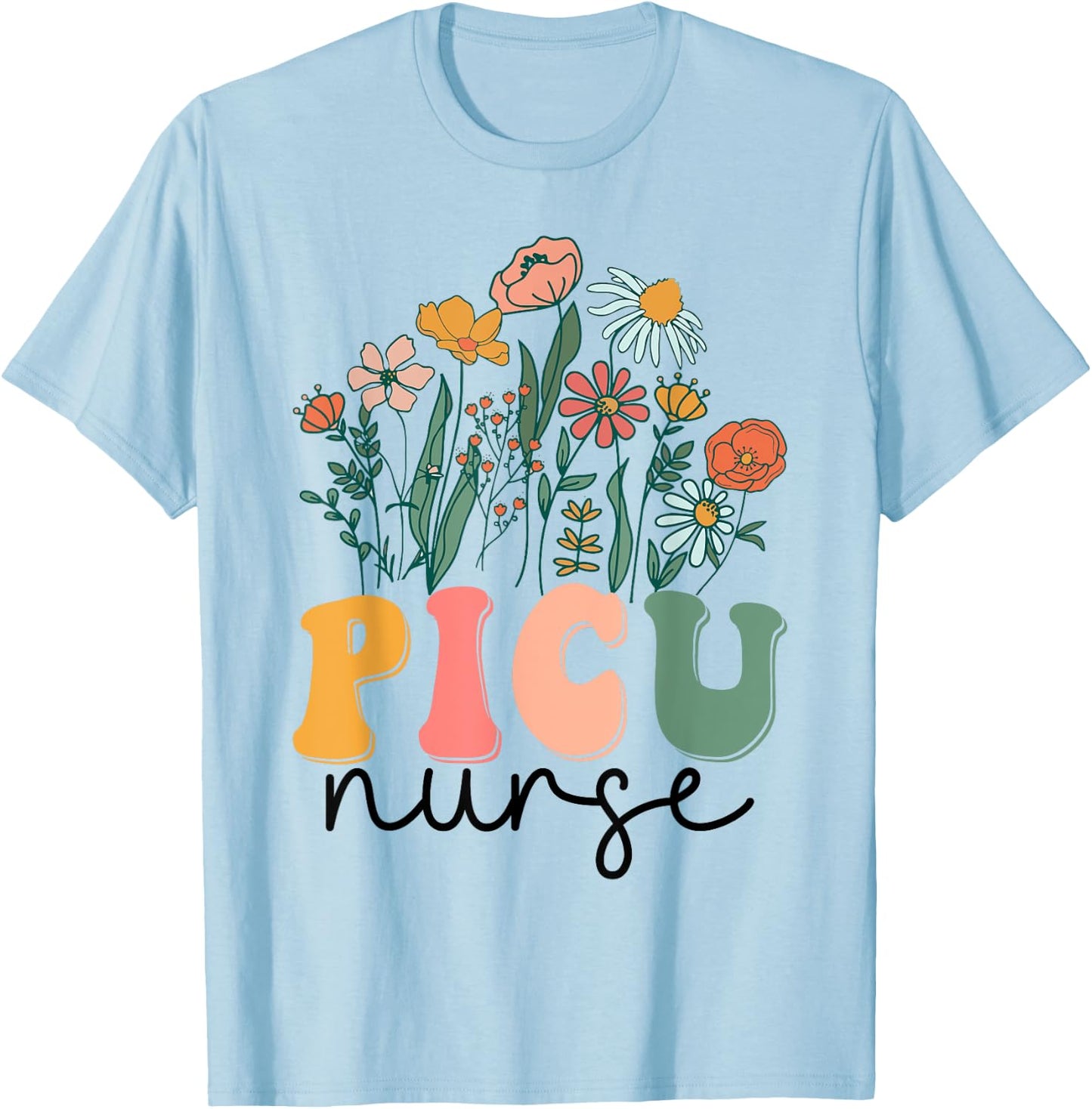 Groovy Wildflower Picu Nurse T-Shirt - T-Shirt | Light Blue