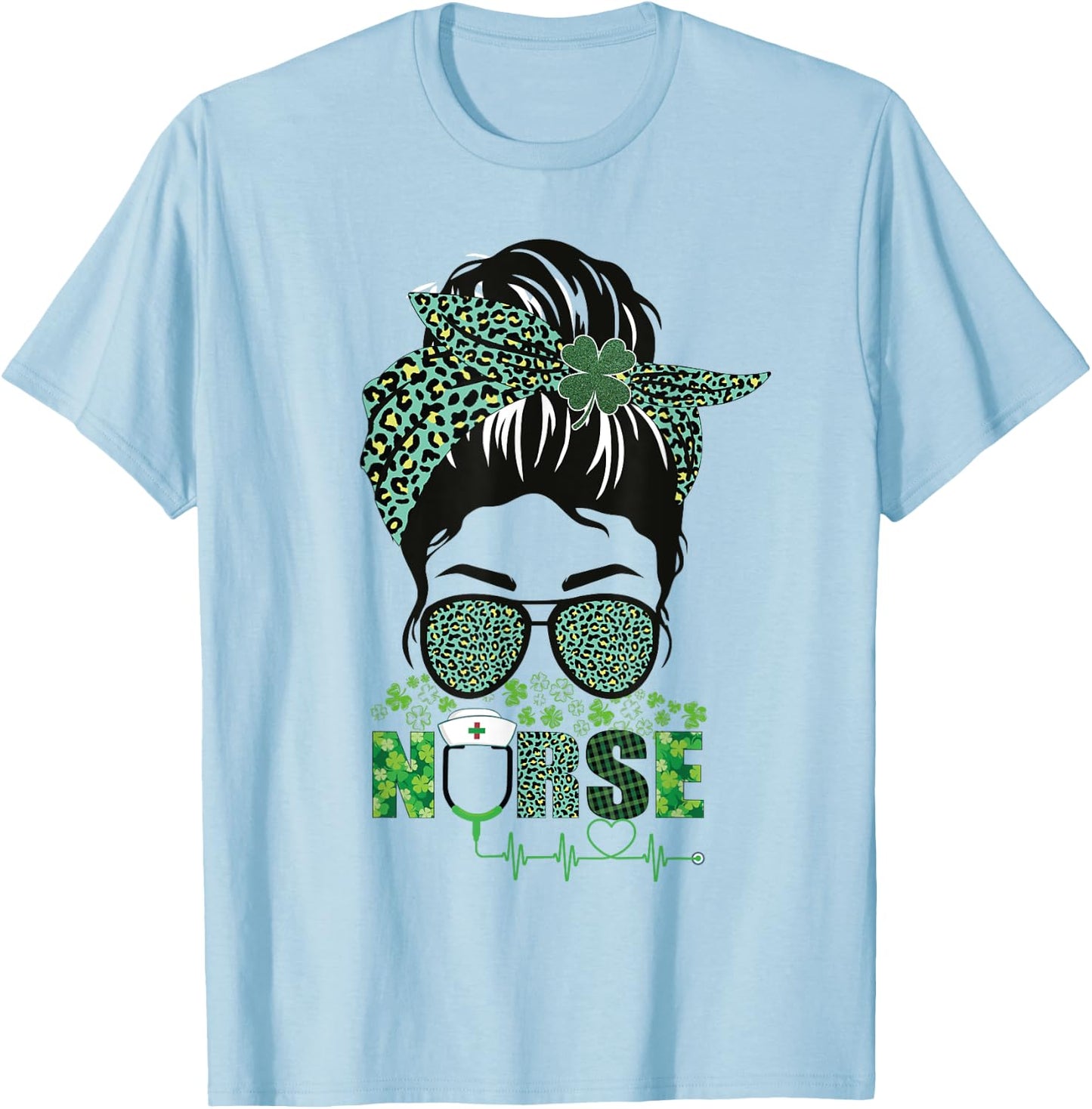 Irish Nurse Shamrock St Patrick's Day Nurse Messy Bun T-Shirt - T-Shirt | Light Blue