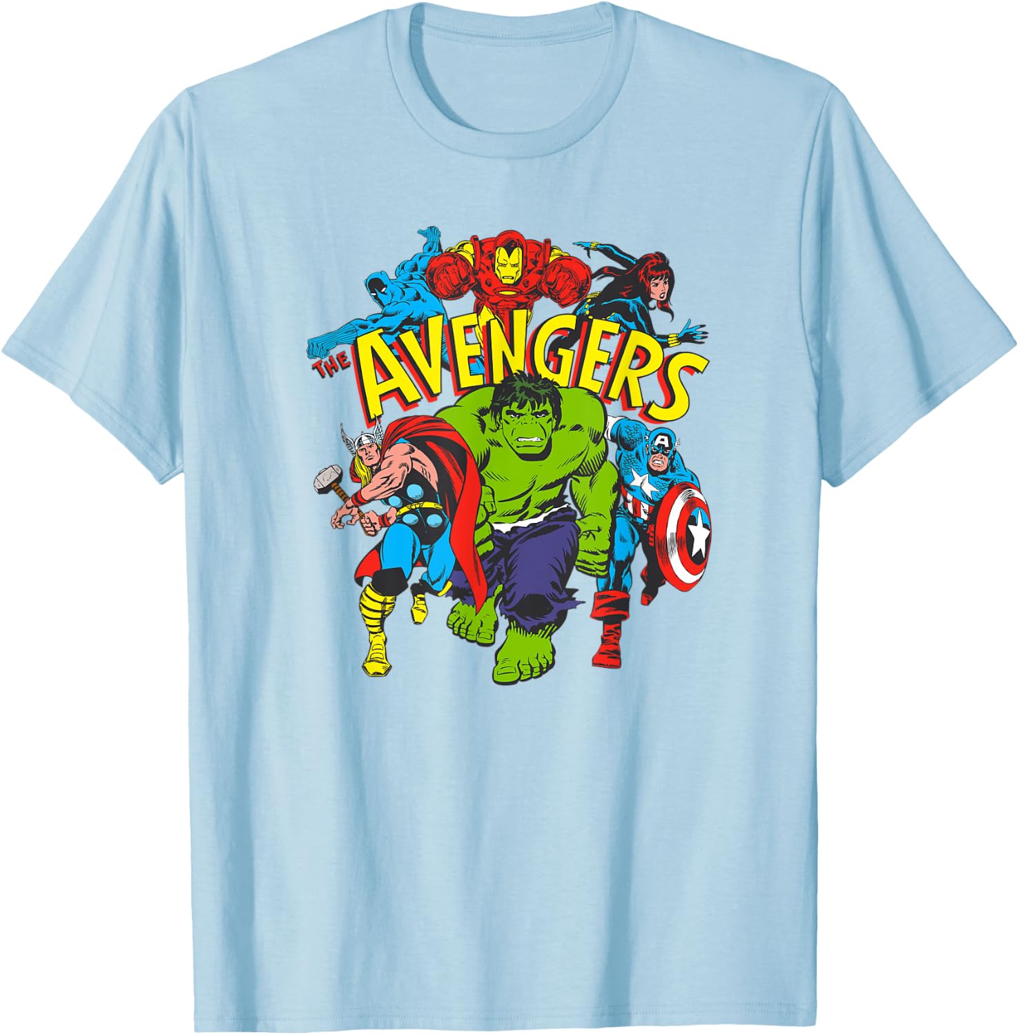 Amazon Essentials Men's MARVEL AVENGERS COMIC HEROES , White, Small T-Shirt - T-Shirt | Light Blue