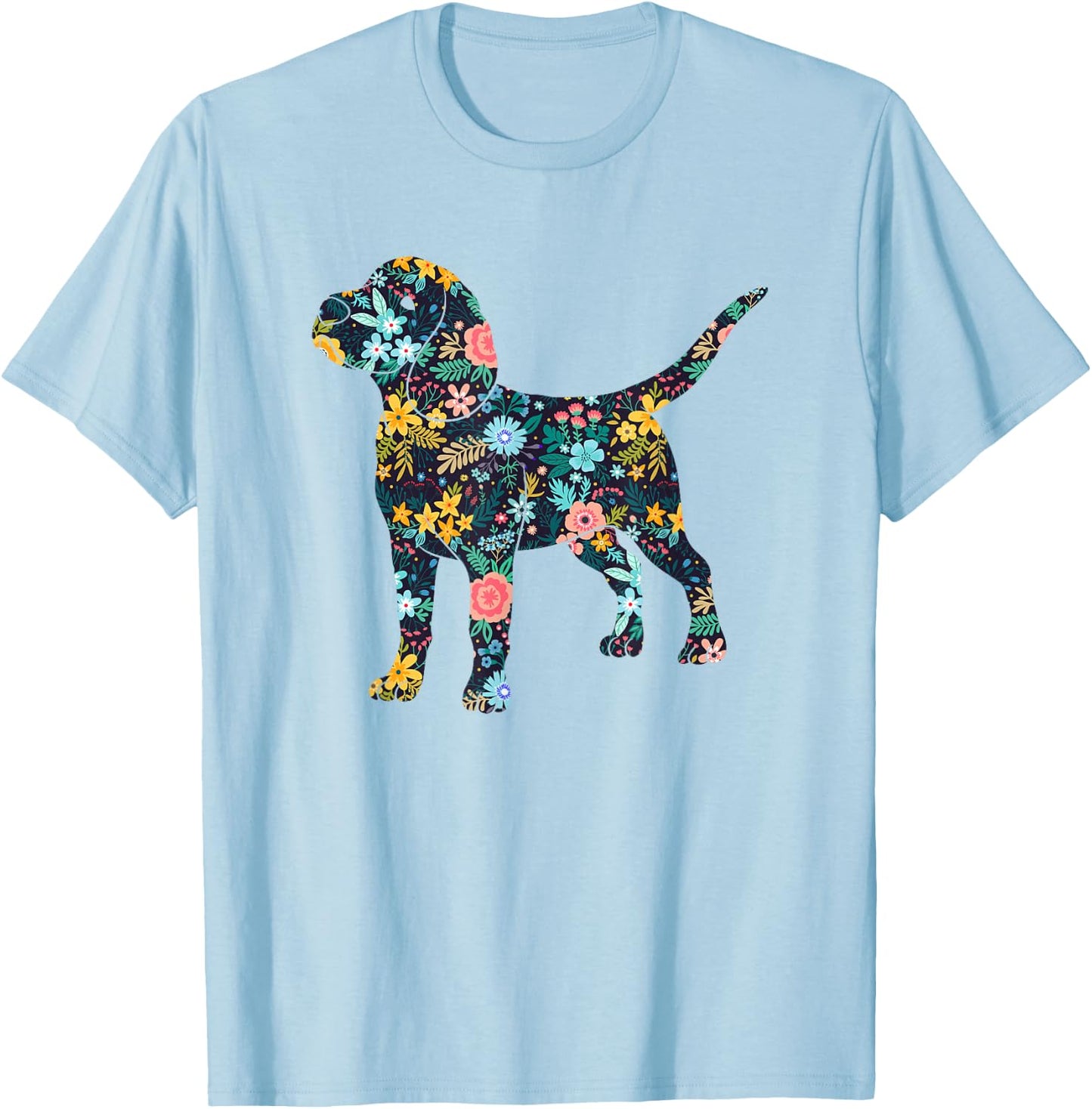 Beagle Floral Dog Silhouette Graphic T-Shirt - T-Shirt | Light Blue