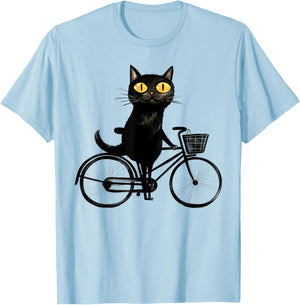 Bicycle Cat Funny Black Cat On A Bike, Biking Kitty T-Shirt - T-Shirt | Light Blue