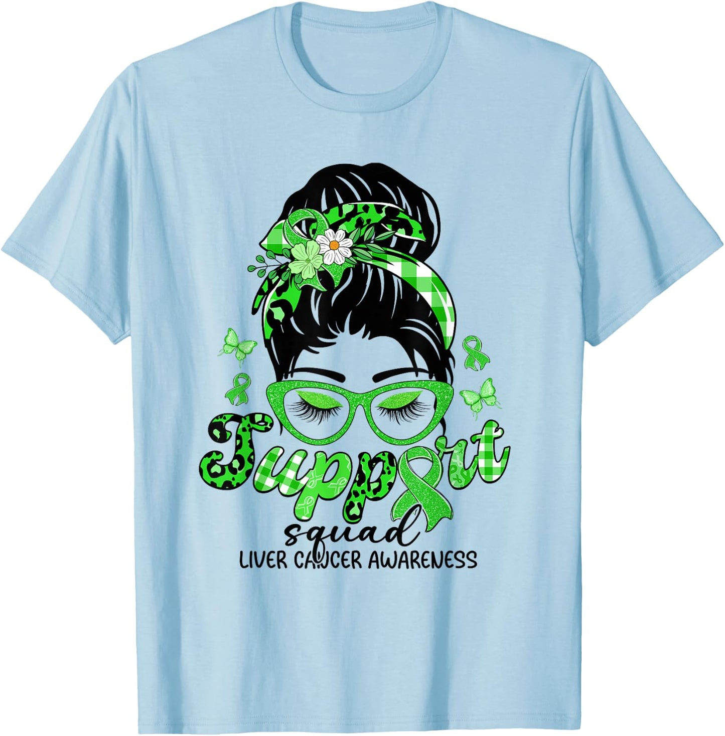 Support Squad Messy Bun Leopard Liver Cancer Awareness T-Shirt - T-Shirt | Light Blue