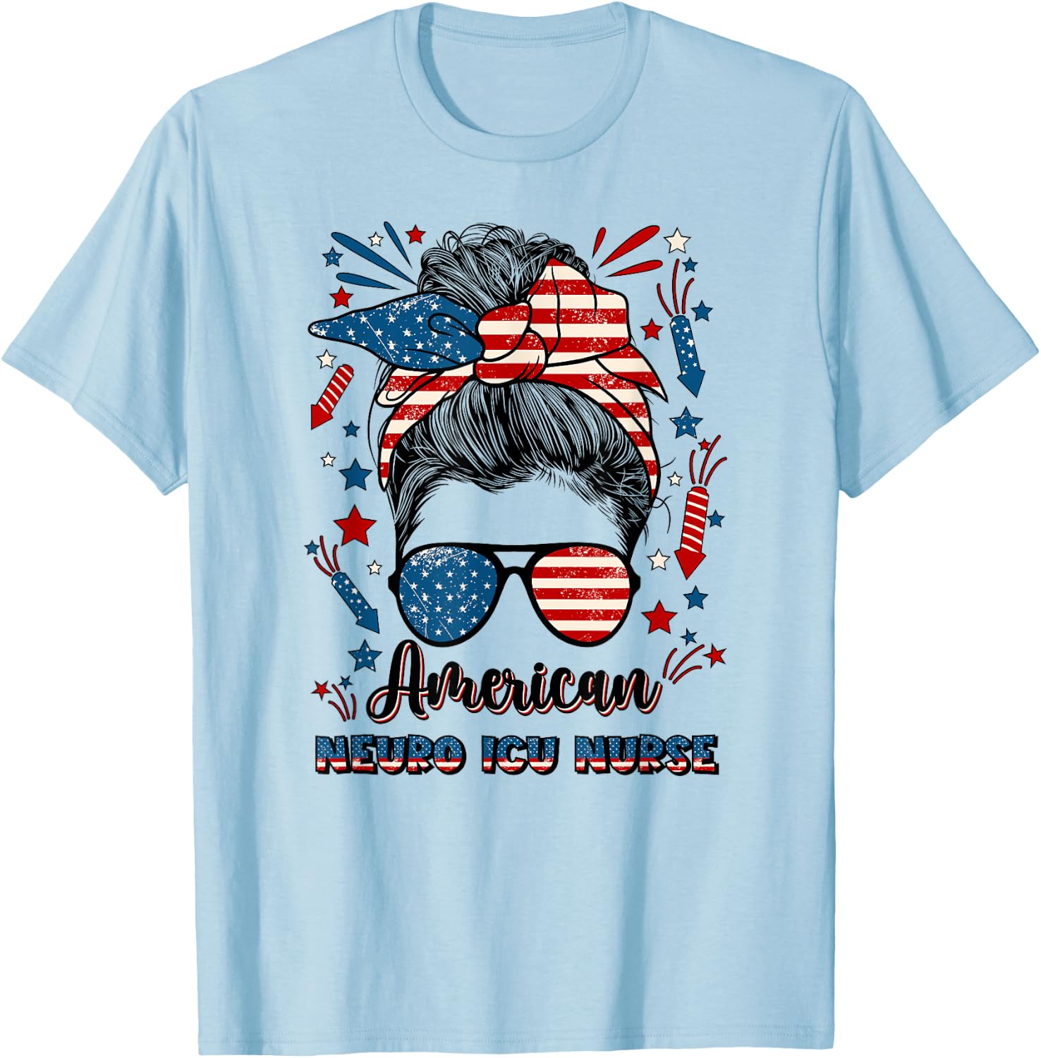 4th Of July Neuro ICU Nurse American Flag Neuro ICU Nursing Men T-Shirt - T-Shirt | Light Blue