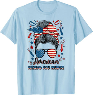 4th Of July Neuro ICU Nurse American Flag Neuro ICU Nursing Men T-Shirt - T-Shirt | Light Blue