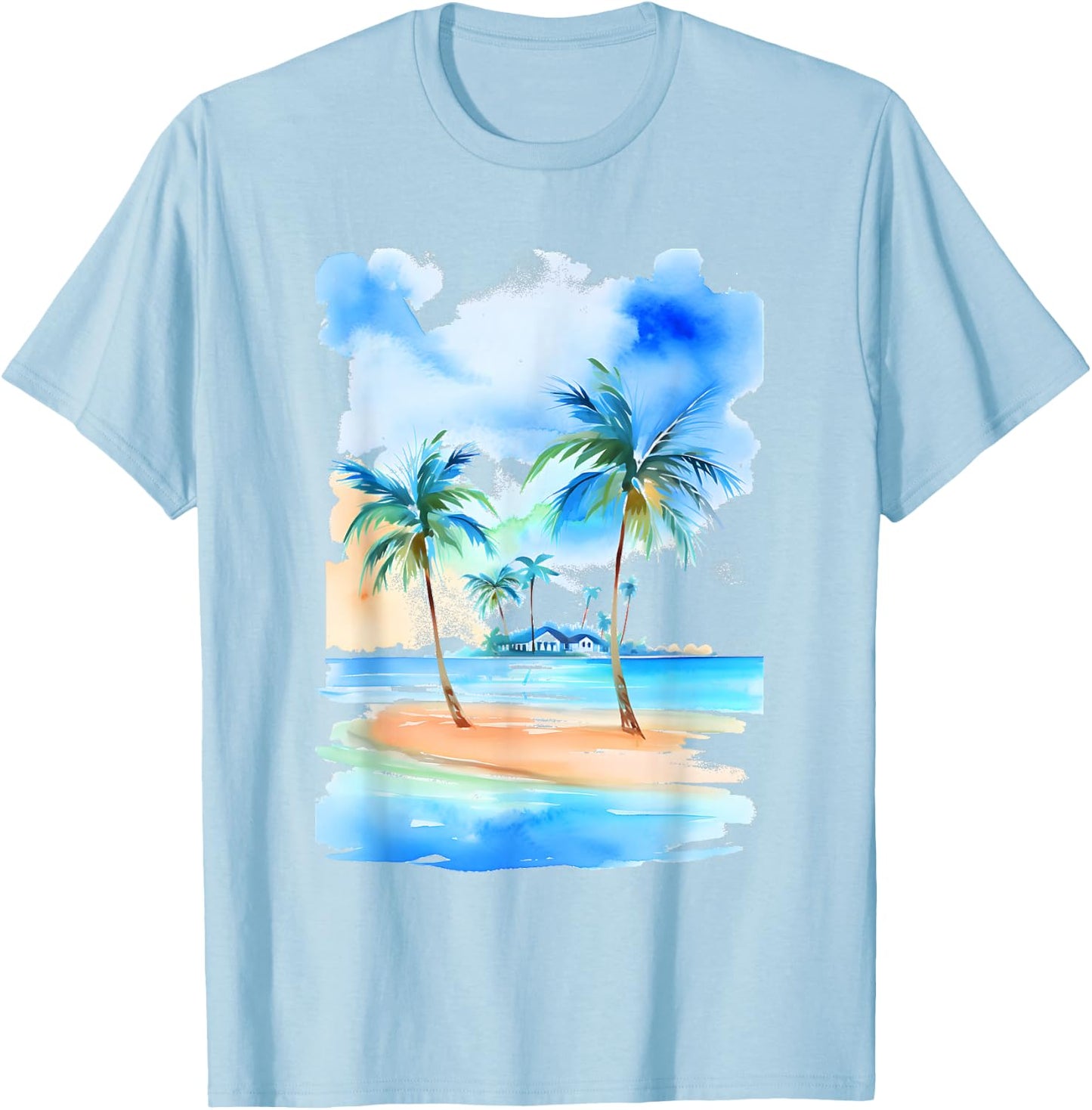 Palm Trees Tropical Beach Watercolor-Style Seascape T-Shirt - T-Shirt | Light Blue