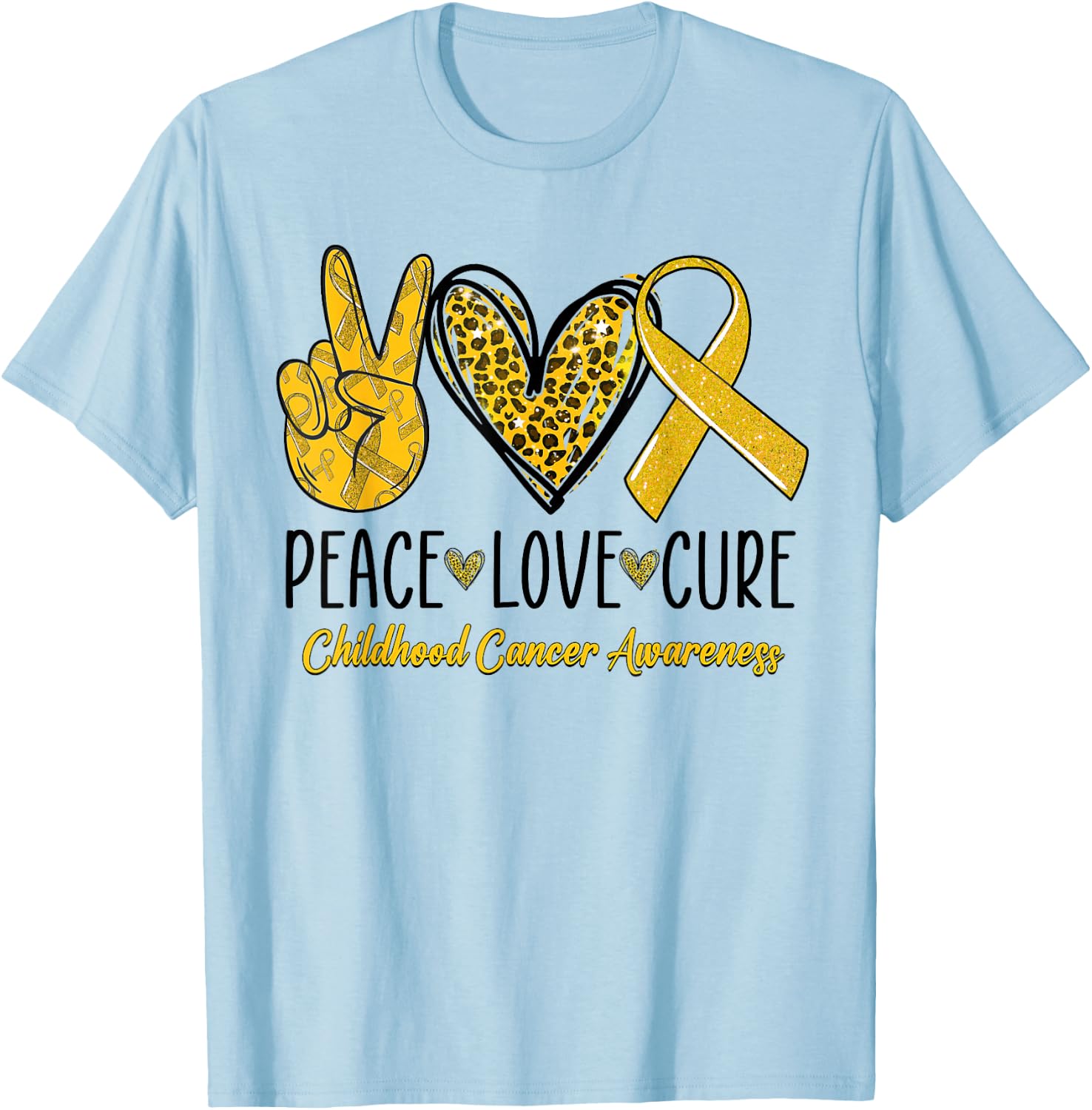 Peace Love Cure Childhood Cancer Awareness Gold Ribbon T-Shirt - T-Shirt | Light Blue