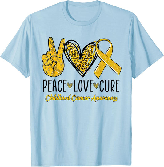 Peace Love Cure Childhood Cancer Awareness Gold Ribbon T-Shirt - T-Shirt | Light Blue