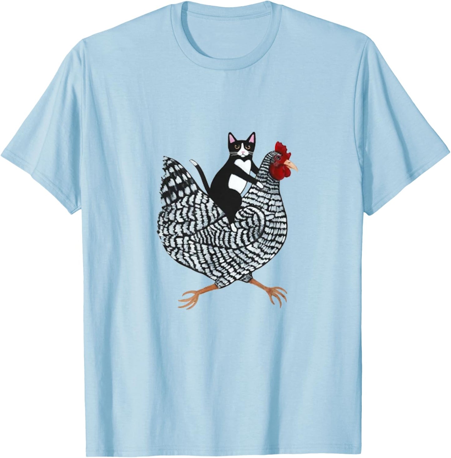 Cat on a Chicken - -Adults, Black, Medium, Short Sleeve, Animal Print, Classic Fit T-Shirt - T-Shirt | Light Blue