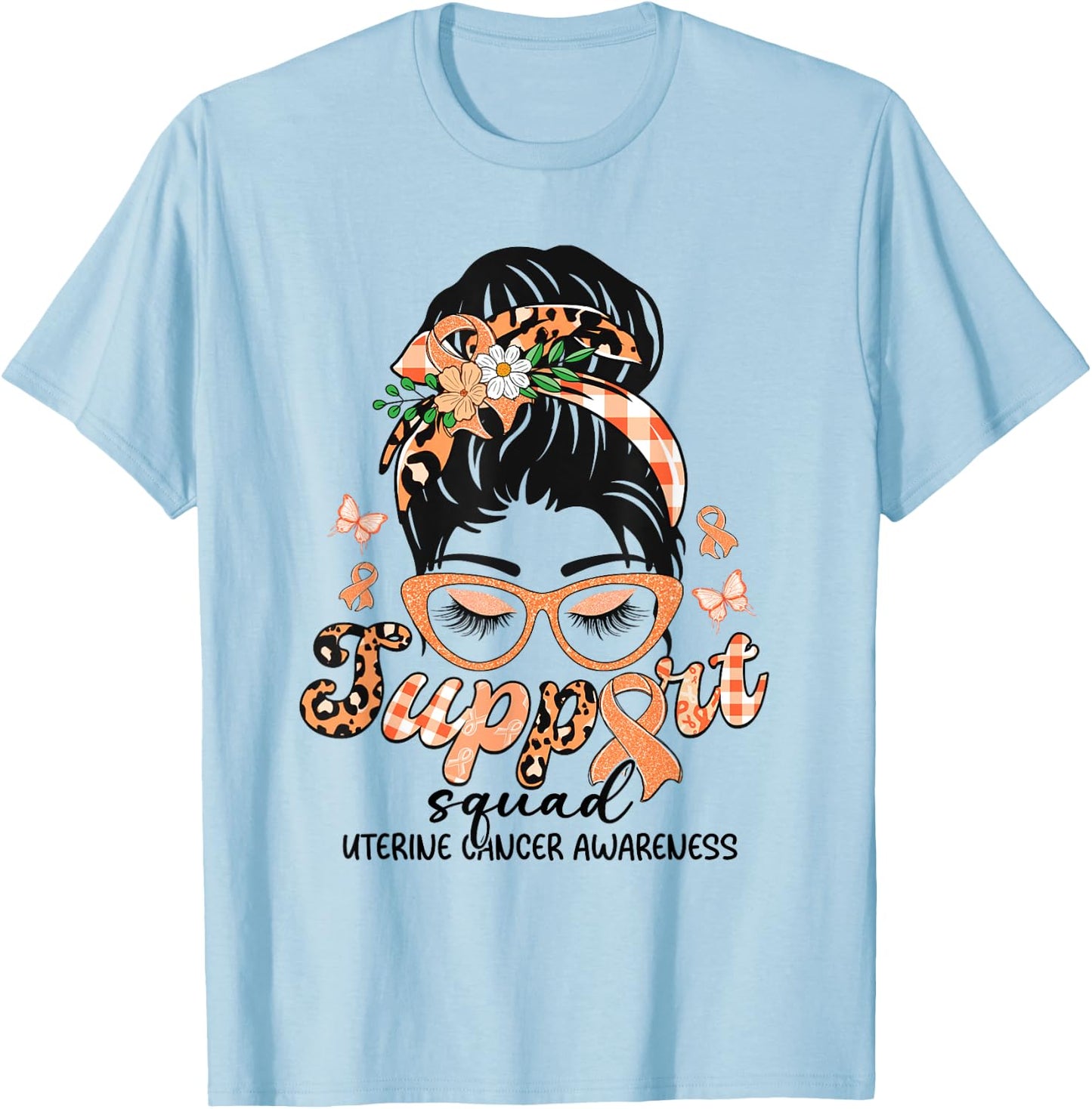Support Squad Messy Bun Leopard Uterine Cancer Awareness T-Shirt - T-Shirt | Light Blue