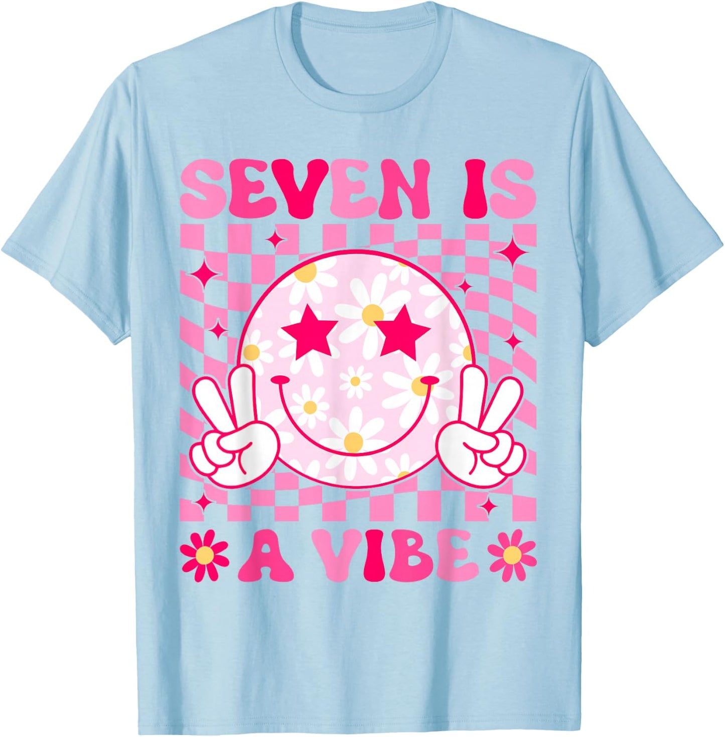 Seven Is A Vibe Birthday Groovy 7 Year Old Girl 7th Birthday T-Shirt - T-Shirt | Light Blue