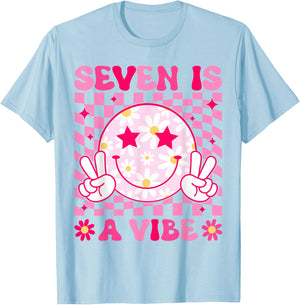 Seven Is A Vibe Birthday Groovy 7 Year Old Girl 7th Birthday T-Shirt - T-Shirt | Light Blue