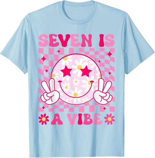 Seven Is A Vibe Birthday Groovy 7 Year Old Girl 7th Birthday T-Shirt - T-Shirt | Light Blue