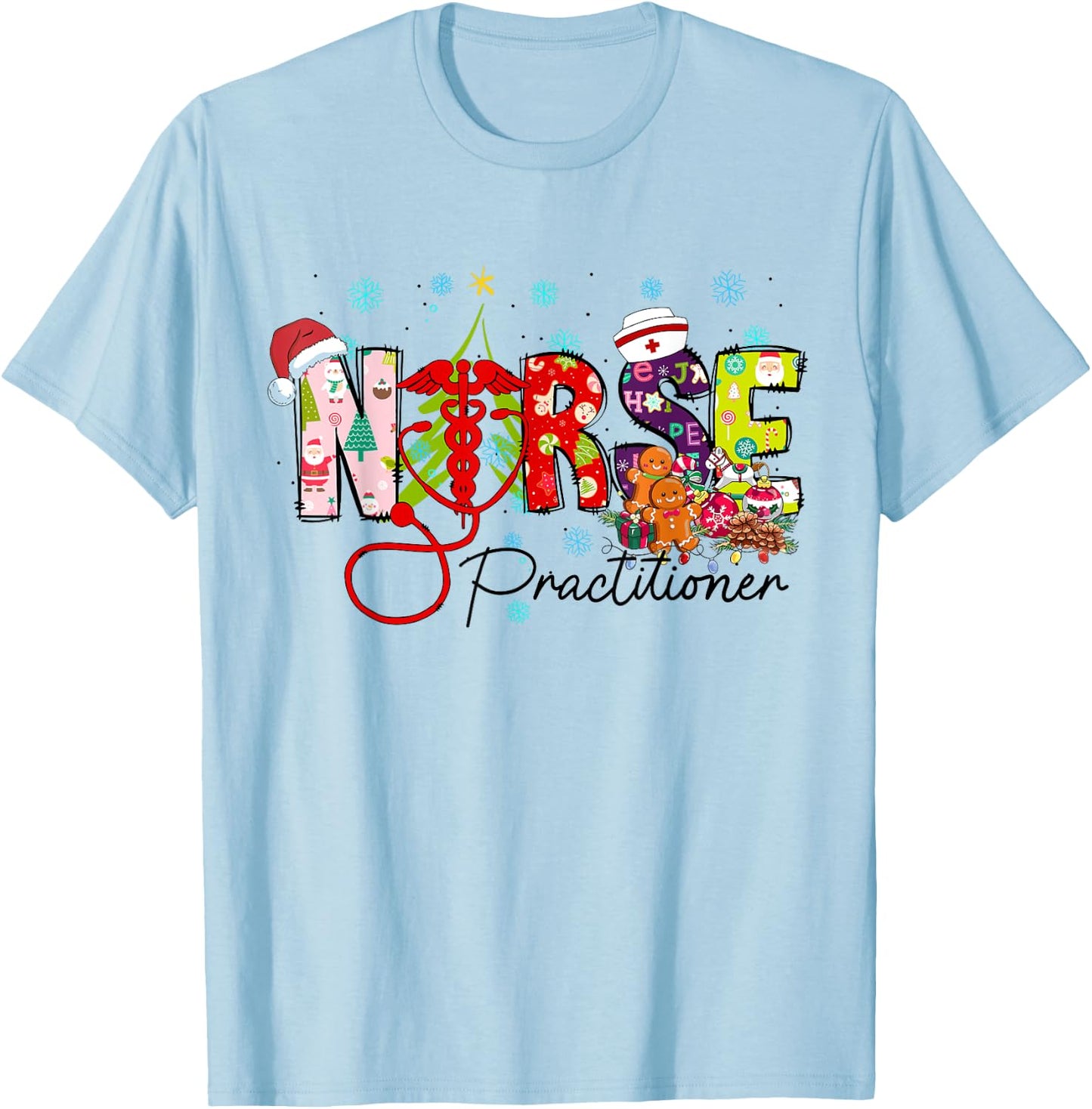 Women Christmas Nurse Practitioner Nurse Crew Stethoscope T-Shirt - T-Shirt | Light Blue