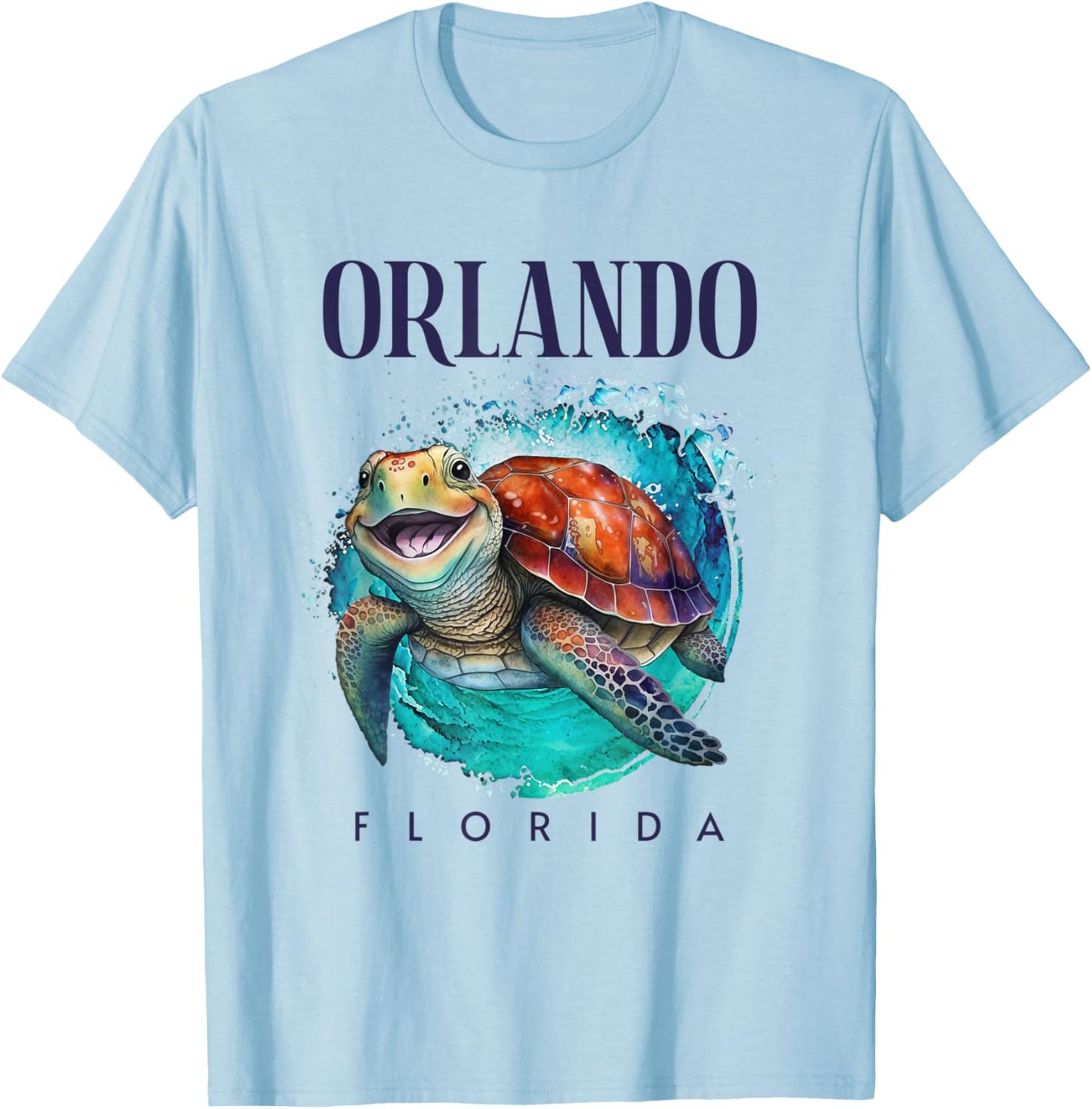 Orlando Florida Watercolor Happy Sea Turtle T-Shirt - T-Shirt | Light Blue