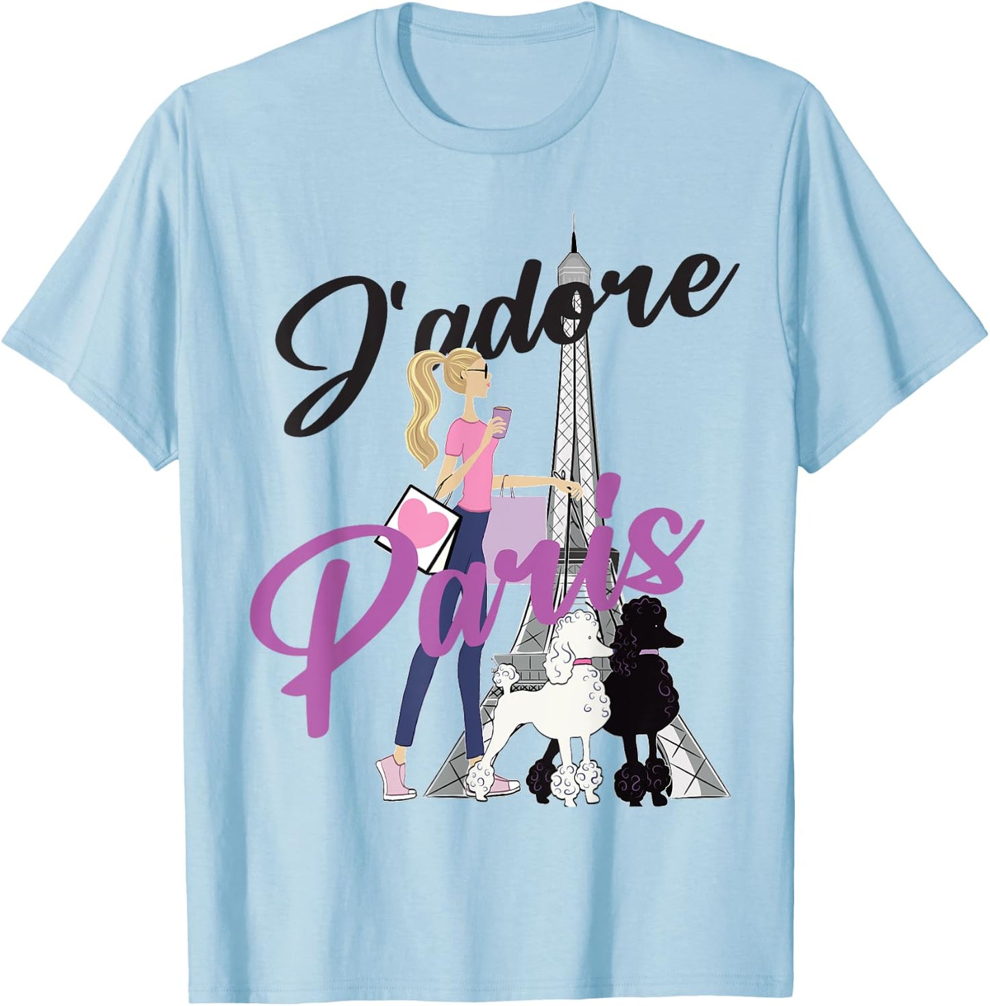 I Love Paris, Woman Walking Poodles By Eiffel Tower T-Shirt - T-Shirt | Light Blue
