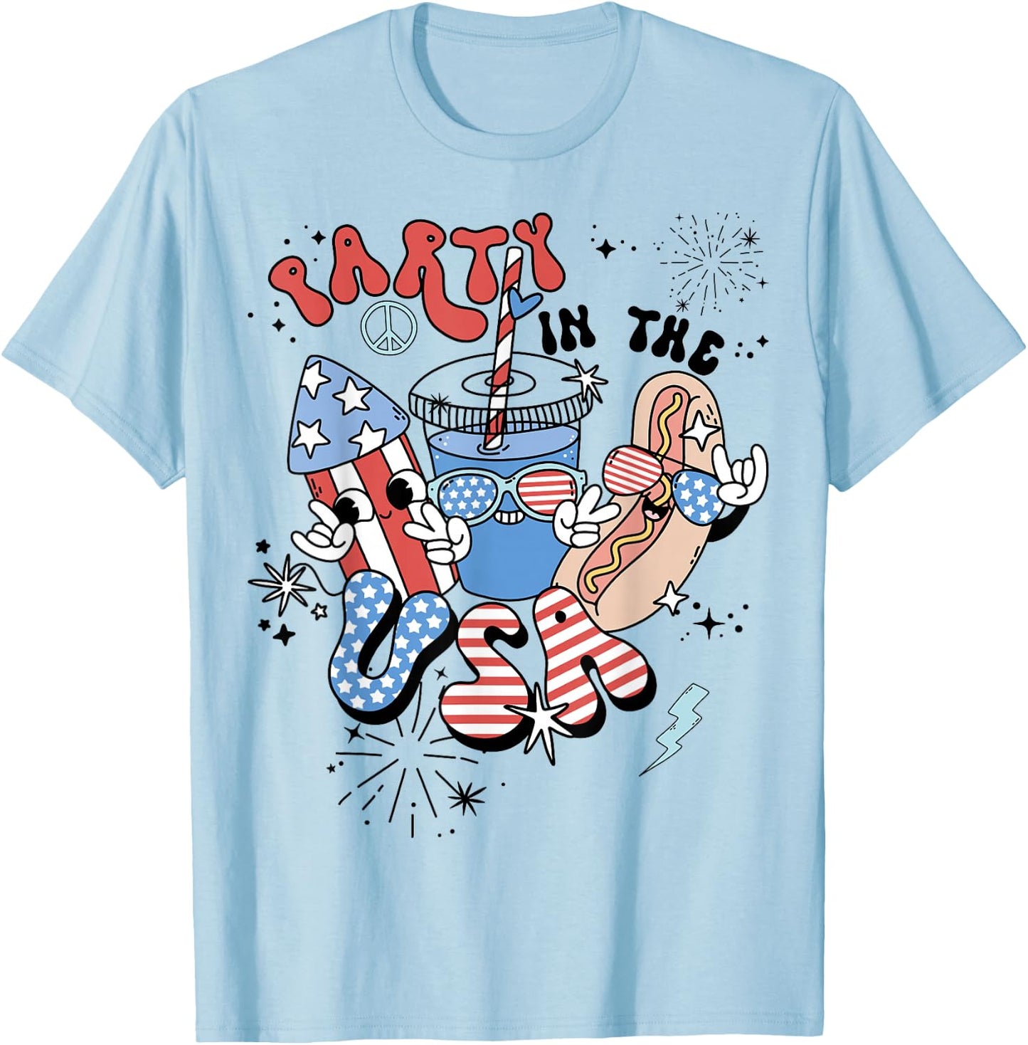 Retro Party in The USA Flag Groovy 4th of July Patriotic T-Shirt - T-Shirt | Light Blue
