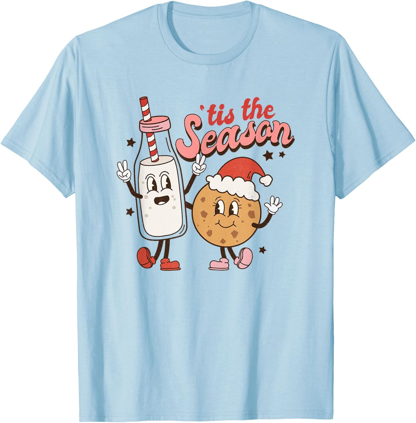 Tis The Season Retro Milk and Cookie Christmas T-Shirt - T-Shirt | Light Blue