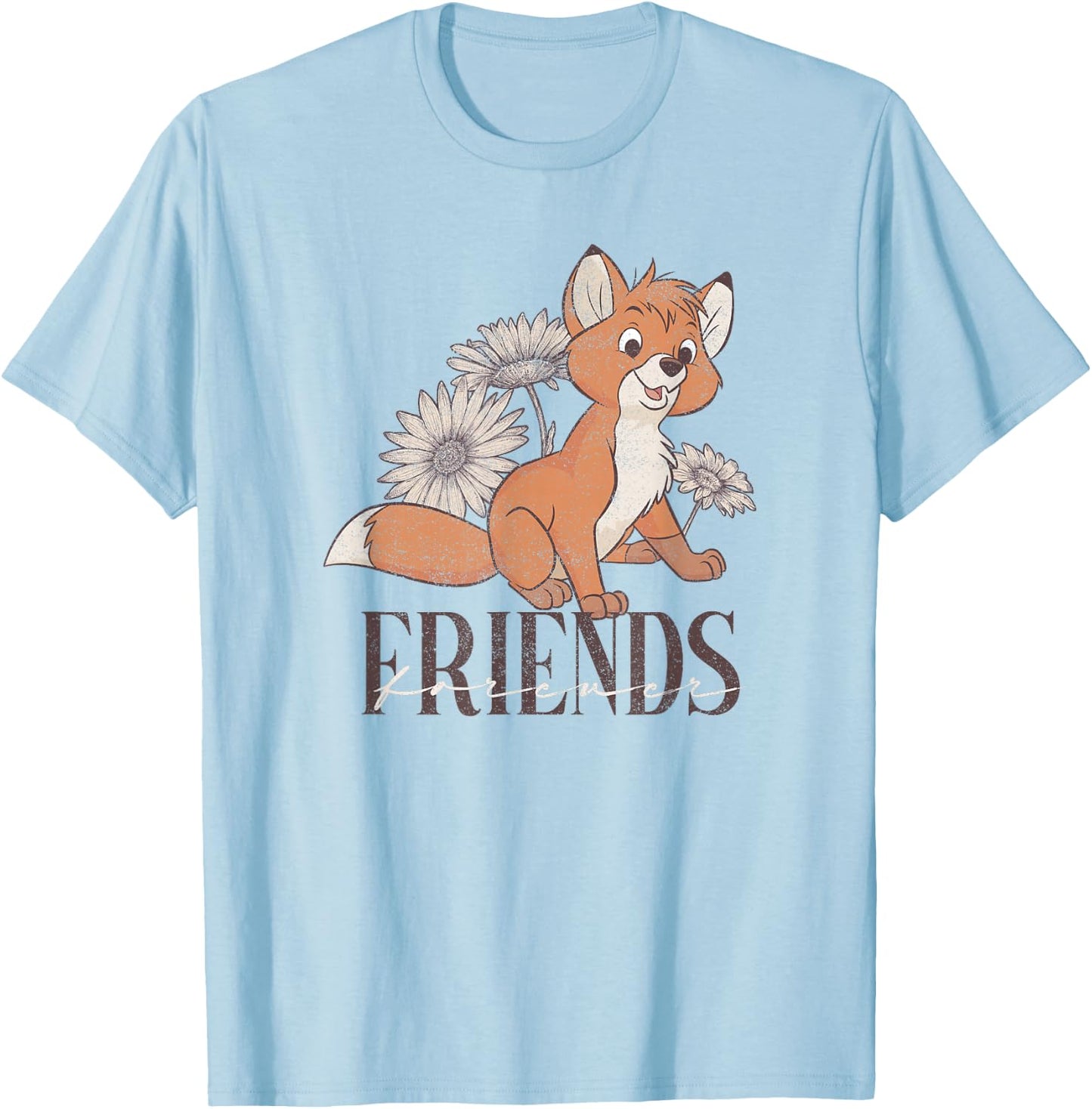 Disney The Fox and The Hound Fox Friends Forever Floral Logo T-Shirt - T-Shirt | Light Blue