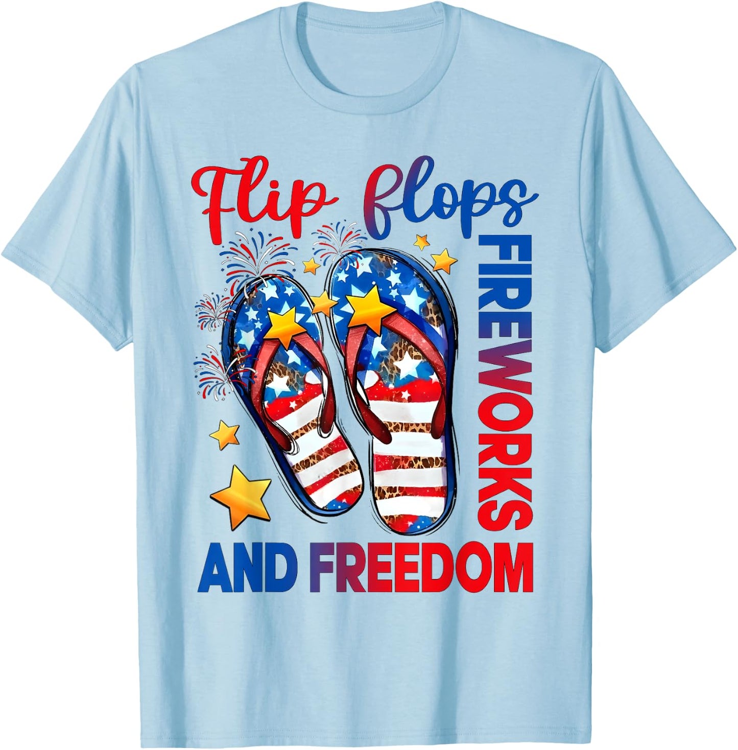 Retro Flip Flops Fireworks & Freedom American Flag Summer Women Kids Men T-Shirt - T-Shirt | Light Blue