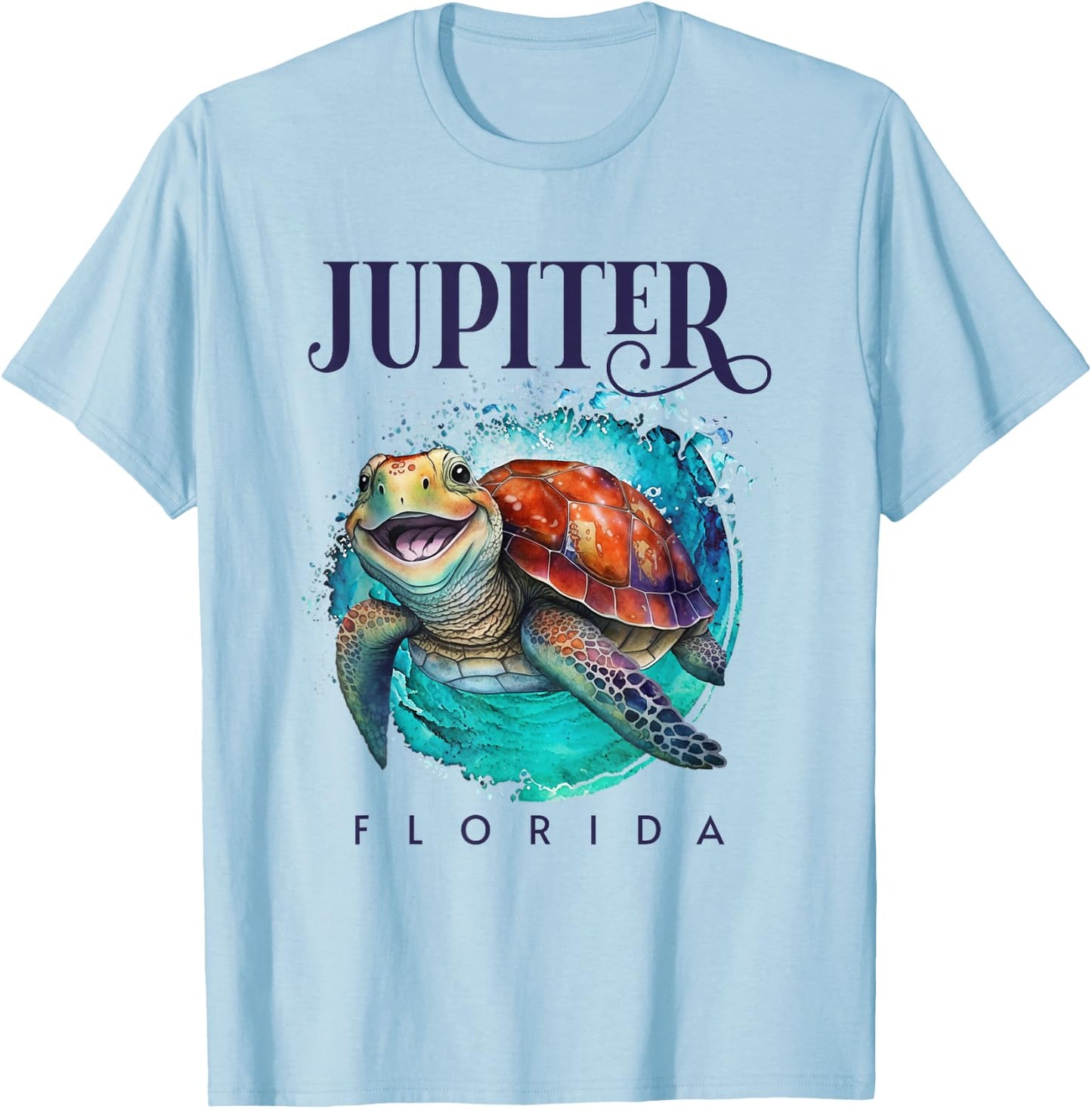 Jupiter Florida Watercolor Happy Sea Turtle T-Shirt - T-Shirt | Light Blue