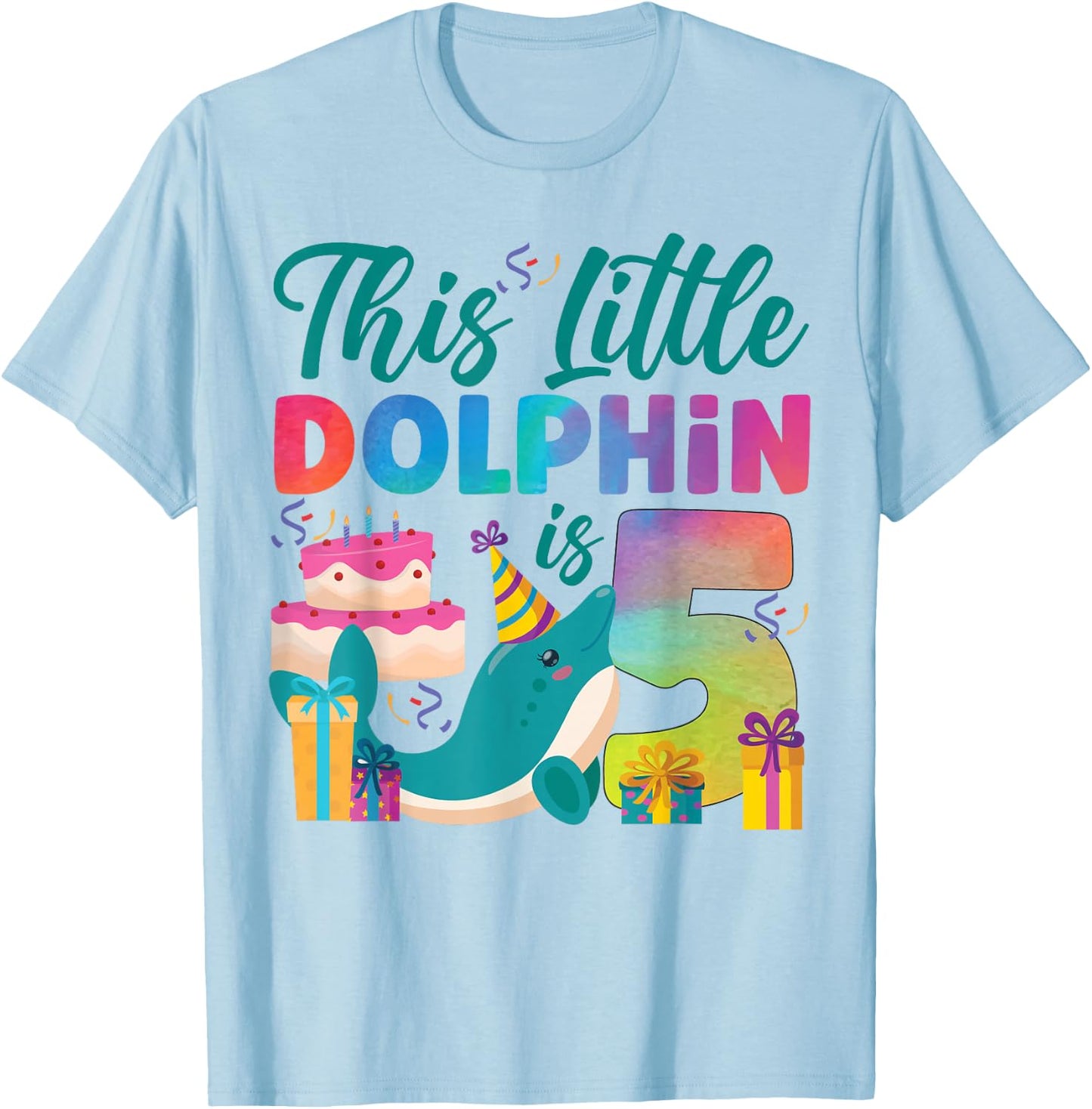 Dolphin 5th Birthday Watercolor This Little Dolphin Is 5 T-Shirt - T-Shirt | Light Blue