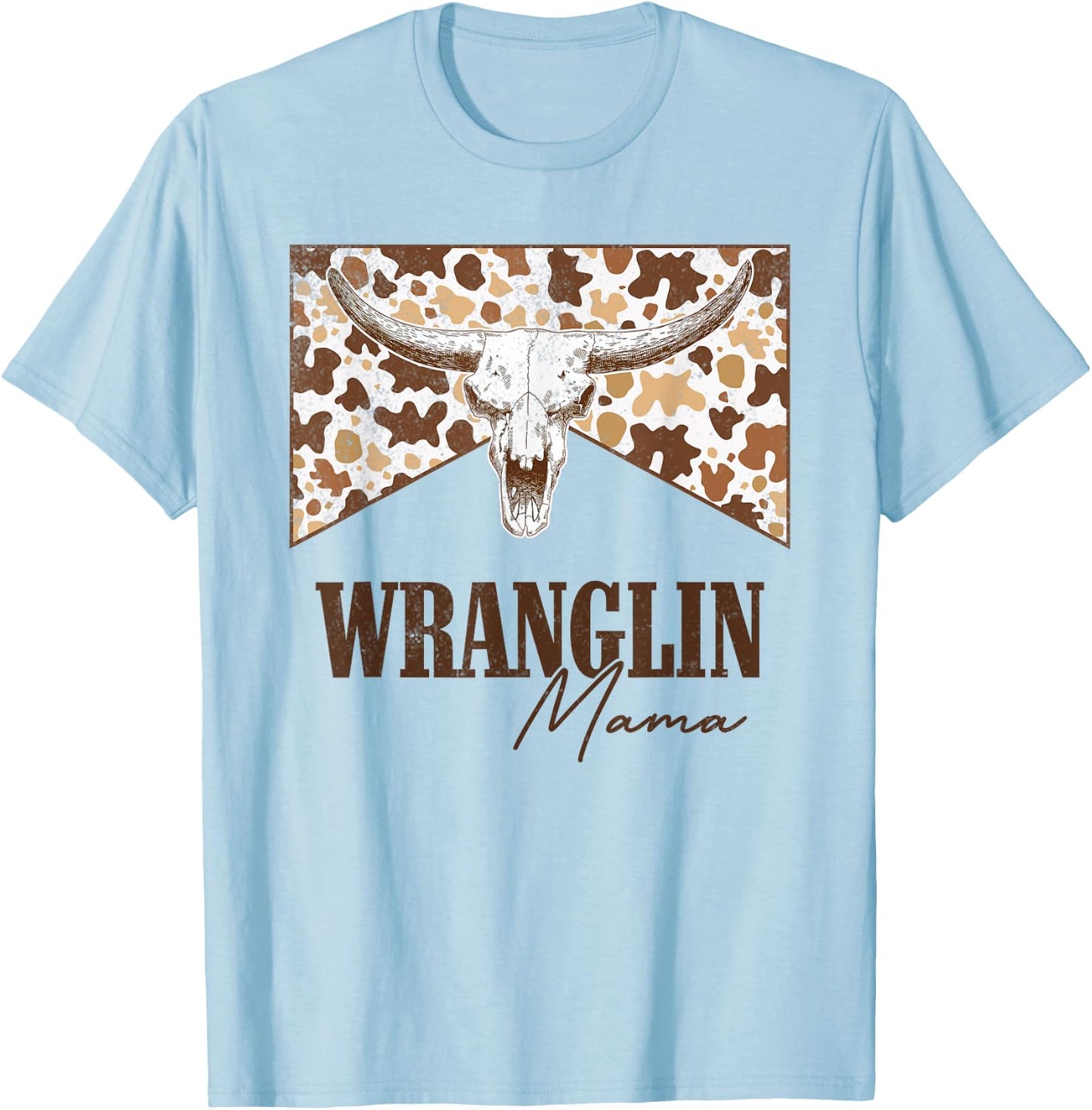 Wranglin Mama Leopard Bull Skull Western Country Music T-Shirt - T-Shirt | Light Blue