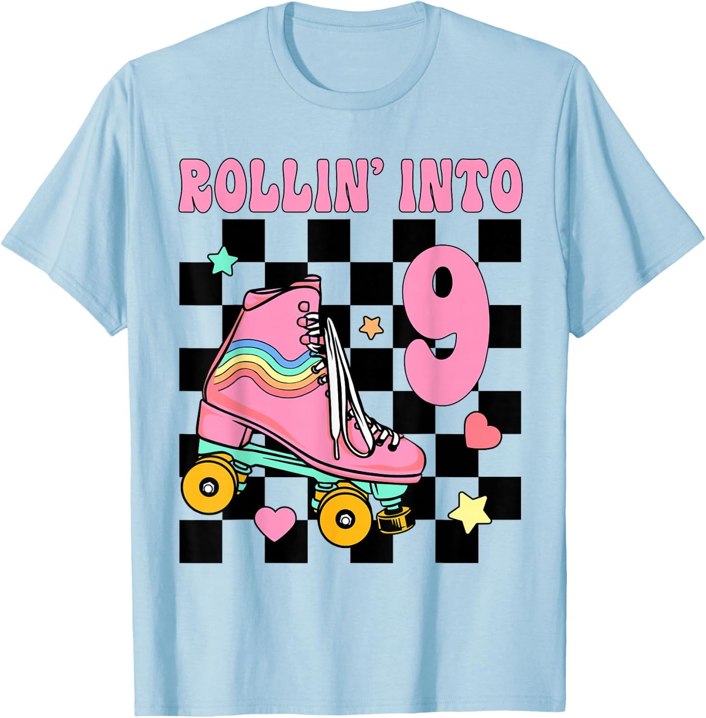 Rolling Into 9 Years Old Roller Skating Girl 9th Birthday T-Shirt - T-Shirt | Light Blue