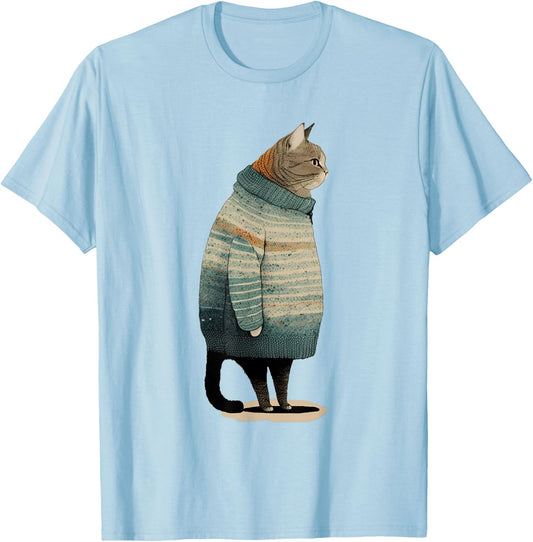 Cat Wearing a Sweater Funny Pet Fat Gray Cat Winter T-Shirt - T-Shirt | Light Blue