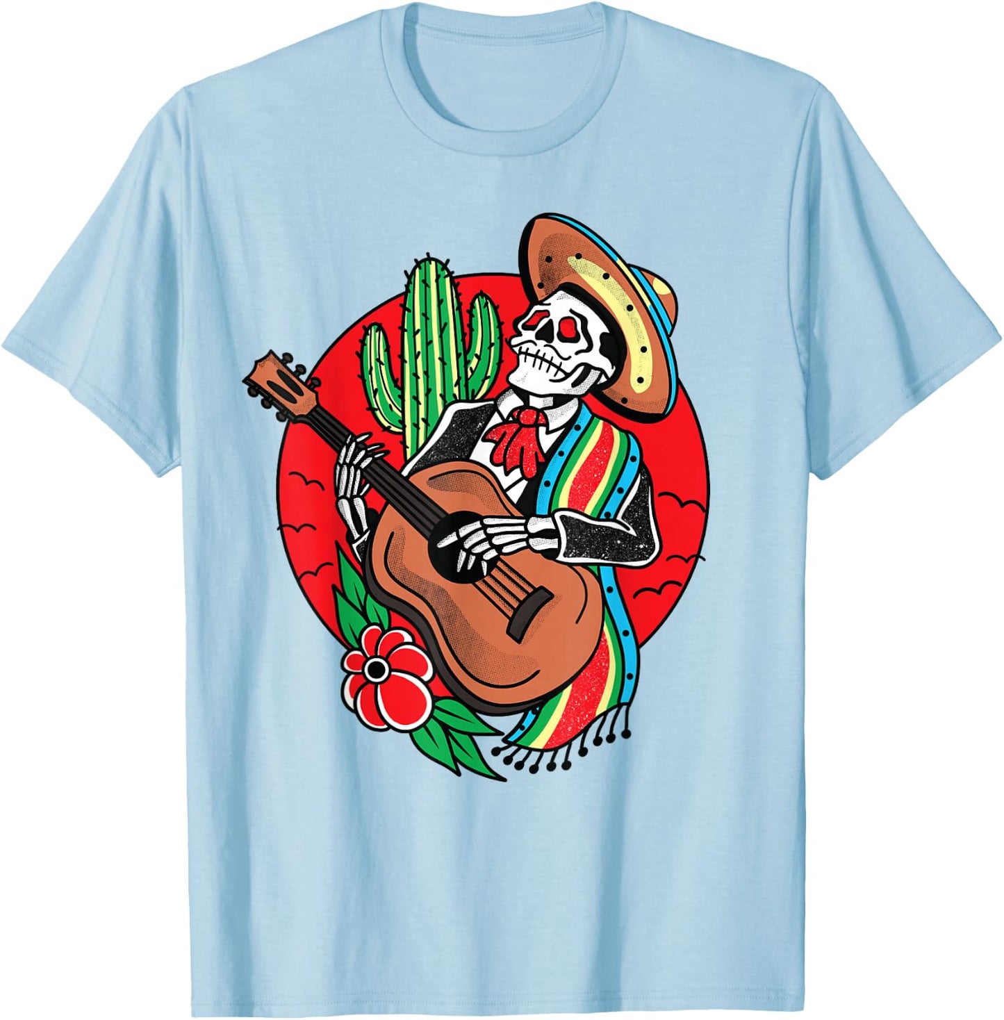 Mexican Skeleton Mariachi American Traditional Tattoo Flash T-Shirt - T-Shirt | Light Blue