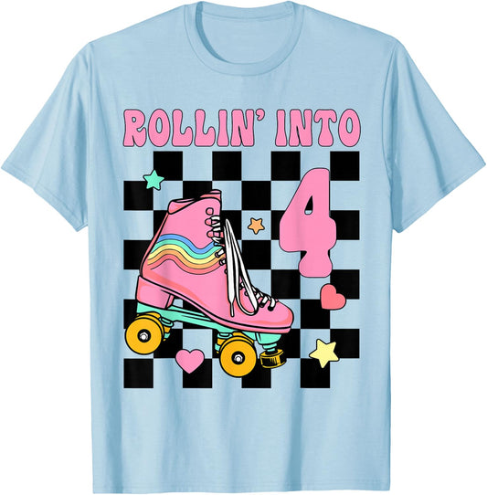 Rolling Into 4 Years Old Roller Skating Girl 4th Birthday T-Shirt - T-Shirt | Light Blue