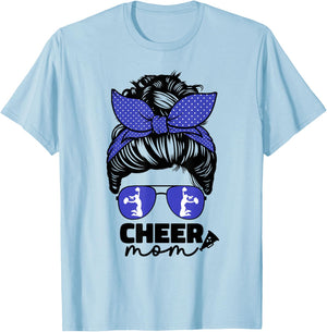 Cute Cheer Mom Cheerleader Mom Blue Messy Bun Mom T-Shirt - T-Shirt | Light Blue