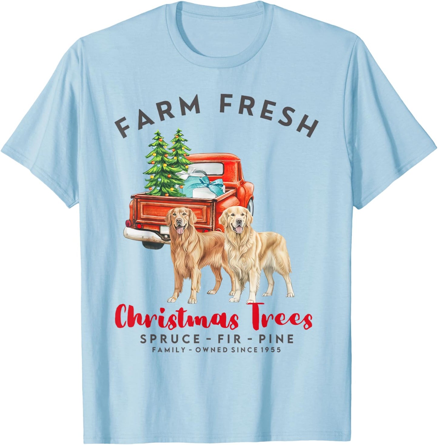 Golden Retriever Christmas Farm Fresh Christmas Trees T-Shirt - T-Shirt | Light Blue
