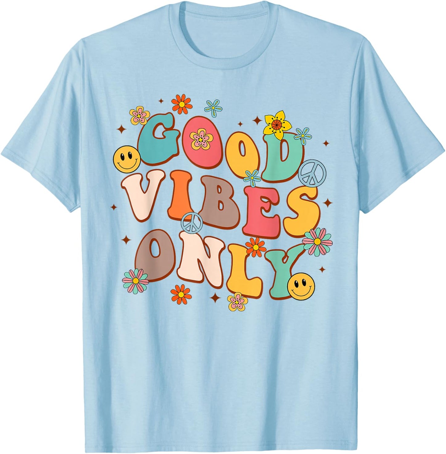 Good Vibes Only Peace Sign Love 60s 70s Retro Groovy Hippie T-Shirt - T-Shirt | Light Blue