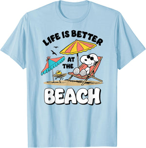 Peanuts Snoopy Woostock Life is Better on The Beach T-Shirt - T-Shirt | Light Blue