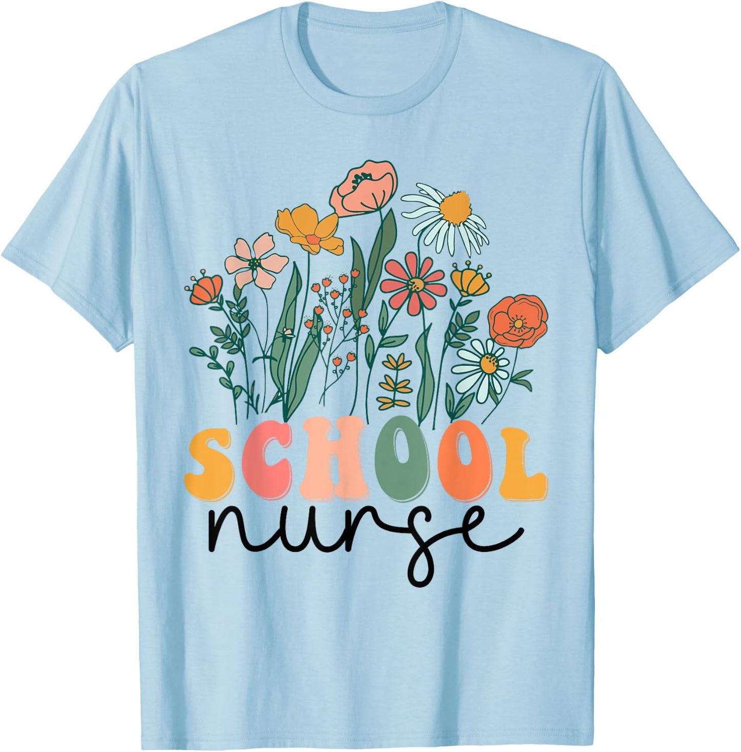 Groovy Wildflower School Nurse T-Shirt - T-Shirt | Light Blue