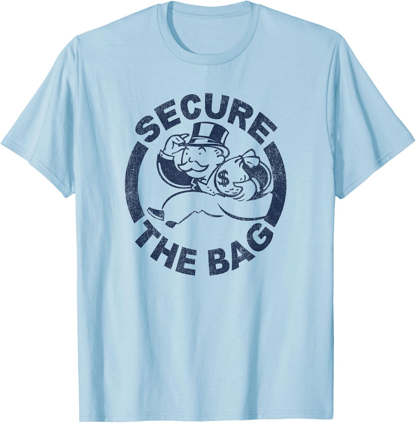 Monopoly Mr. Monopoly Secure The Bag Money Classic Logo T-Shirt - T-Shirt | Light Blue