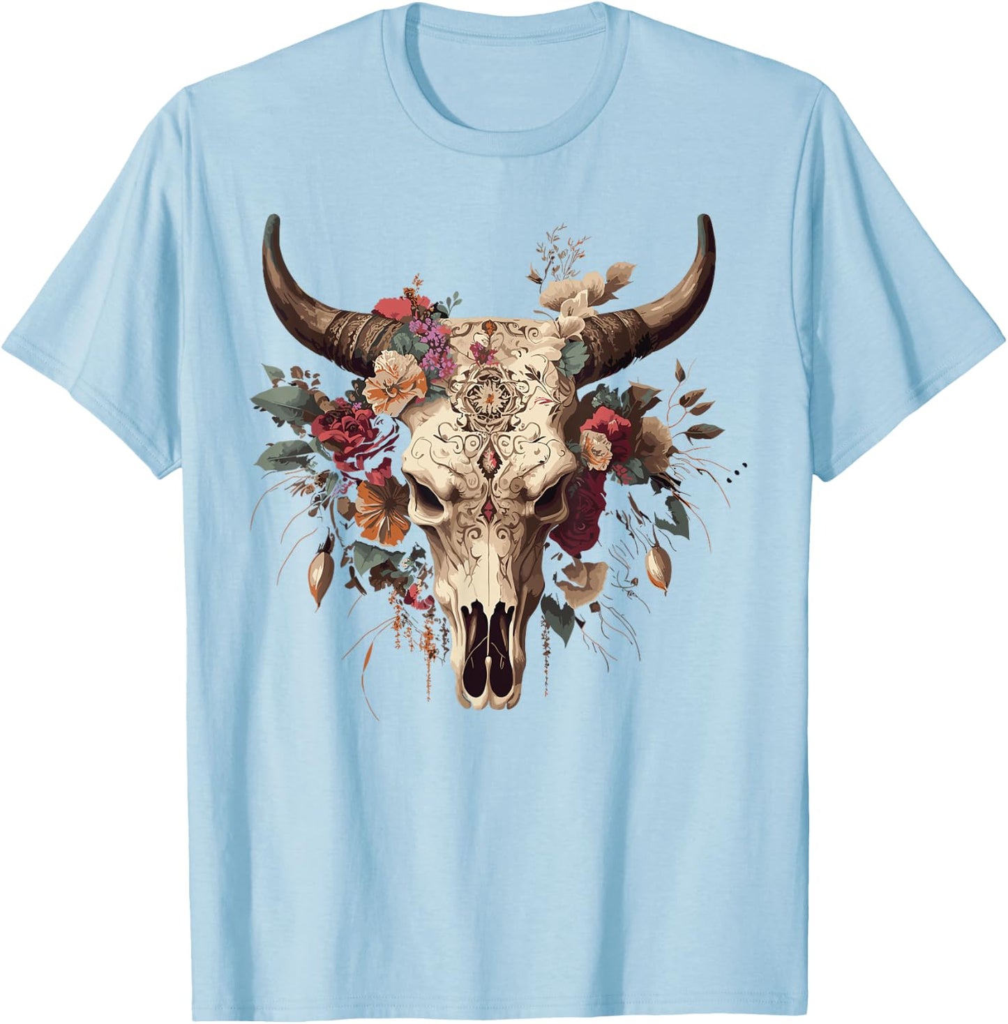 Highland Western Boho Cow Bull Skull Sunflower Cattle Animal T-Shirt - T-Shirt | Light Blue